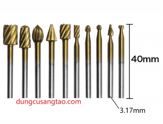 Bộ làm gỗ lũa 10 món phủ titanium (chuyên điêu khắc, phay rãnh, khoét lỗ trên gỗ, nhựa, nhôm, đồng)