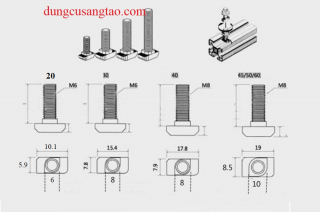 Ốc T screw cho nhôm định hình 2020 / 3030 / 4040 / ốc đầu búa