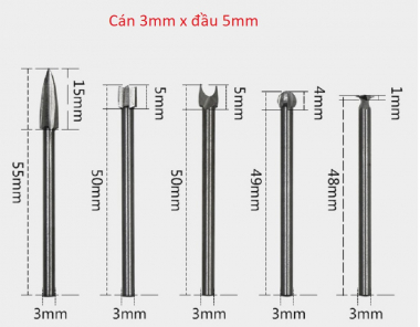 Điêu khắc gỗ - Bộ 5 mũi lũa cán 3mm