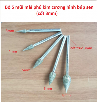 Mũi mài phủ kim cương hình búp sen (mũi mài, điêu khắc đá, ngọc, thủy tinh, gốm sứ) cốt 2.35mm/3mm